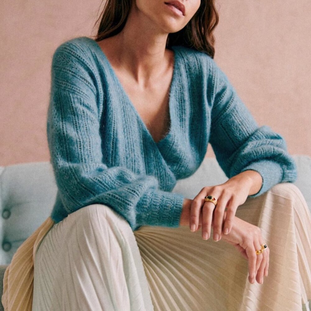 Sezane Cristina Jumper Blue Bleu Paon Sweater French Wool Mohair V Neck - Picture 3 of 9